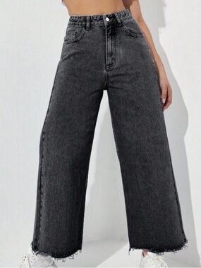 High-Waist Wide Leg Charcoal Black Distressed Jeans